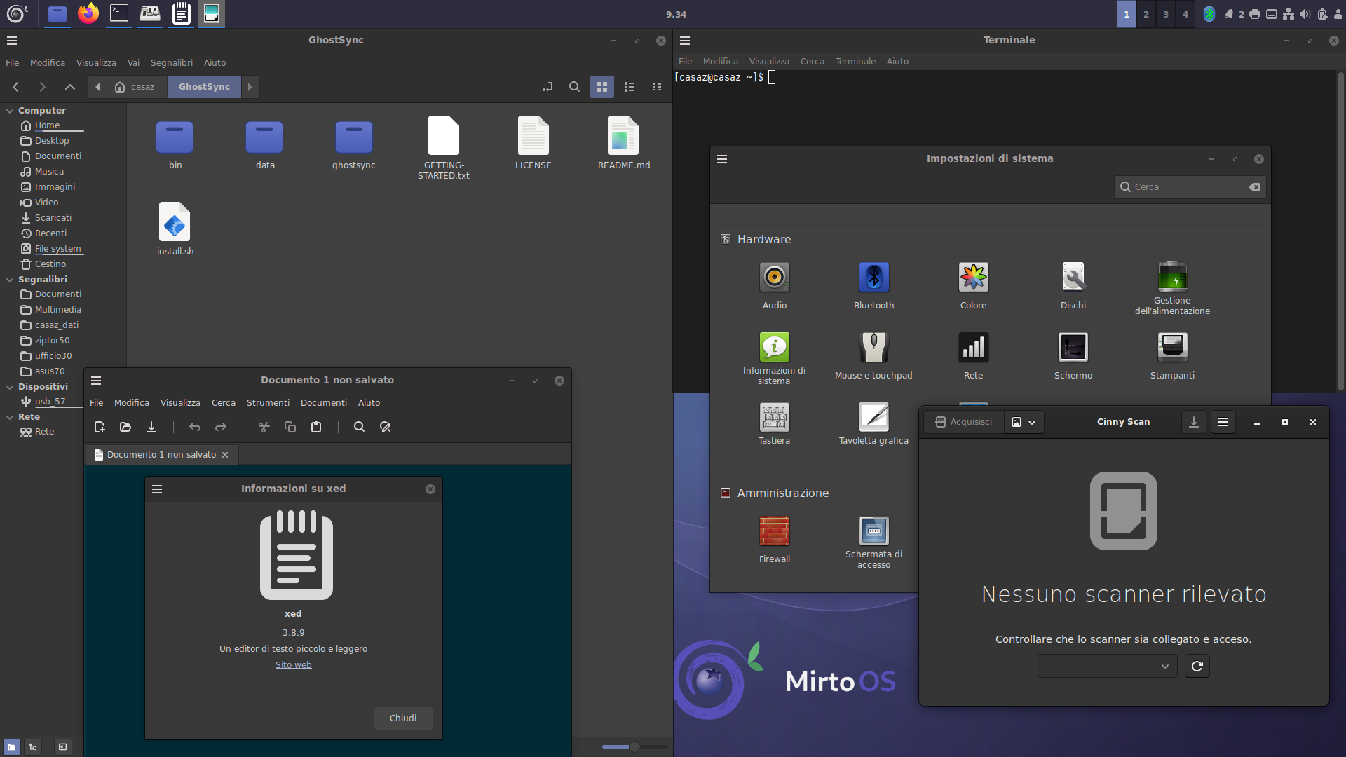Screenshot del desktop Cinnamon scuro di Mirto OS con applicazioni GTK3